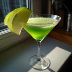 Close-up of an Emerald Green Apple Martini in a martini glass, garnished with apple slices.