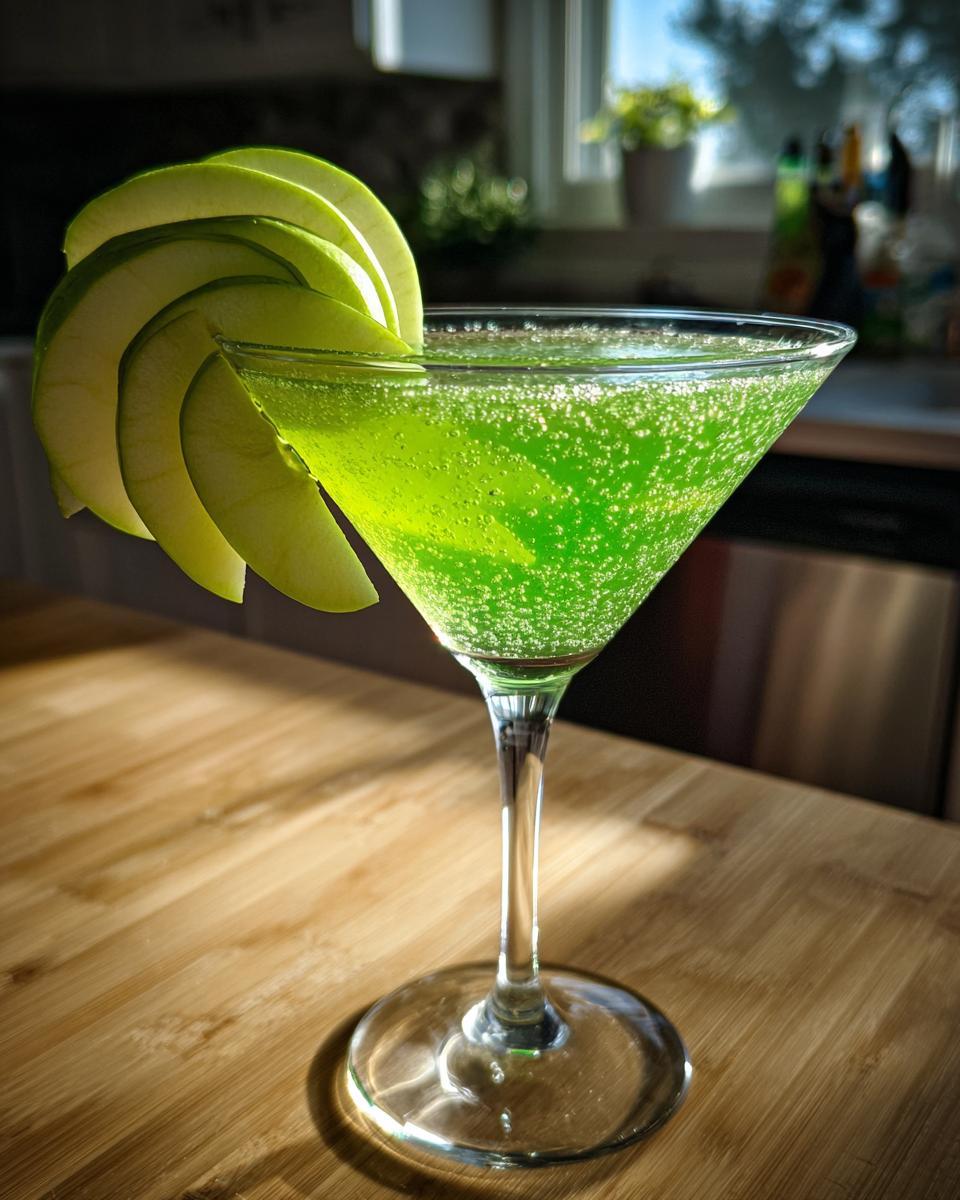 A vibrant Emerald Green Apple Martini in a martini glass, garnished with apple slices.