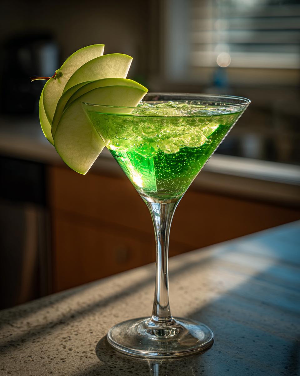 A vibrant Emerald Green Apple Martini in a martini glass, garnished with apple slices.