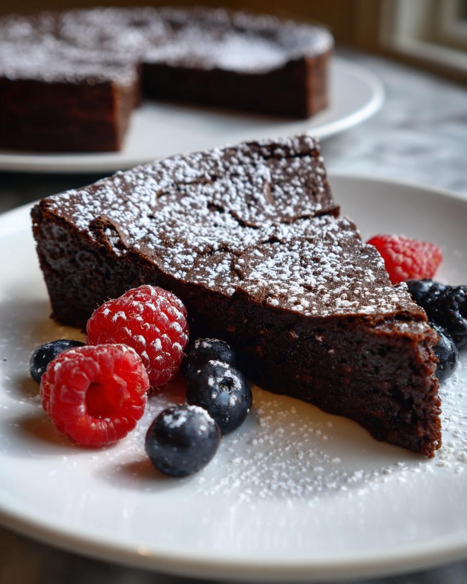 A slice of Flourless Chocolate Valentine Torte dusted with powdered sugar, served with fresh raspberries and blueberries.