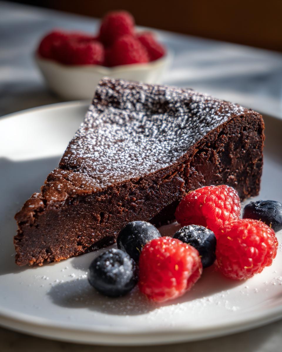A slice of Flourless Chocolate Valentine Torte dusted with powdered sugar, served with fresh raspberries and blueberries.