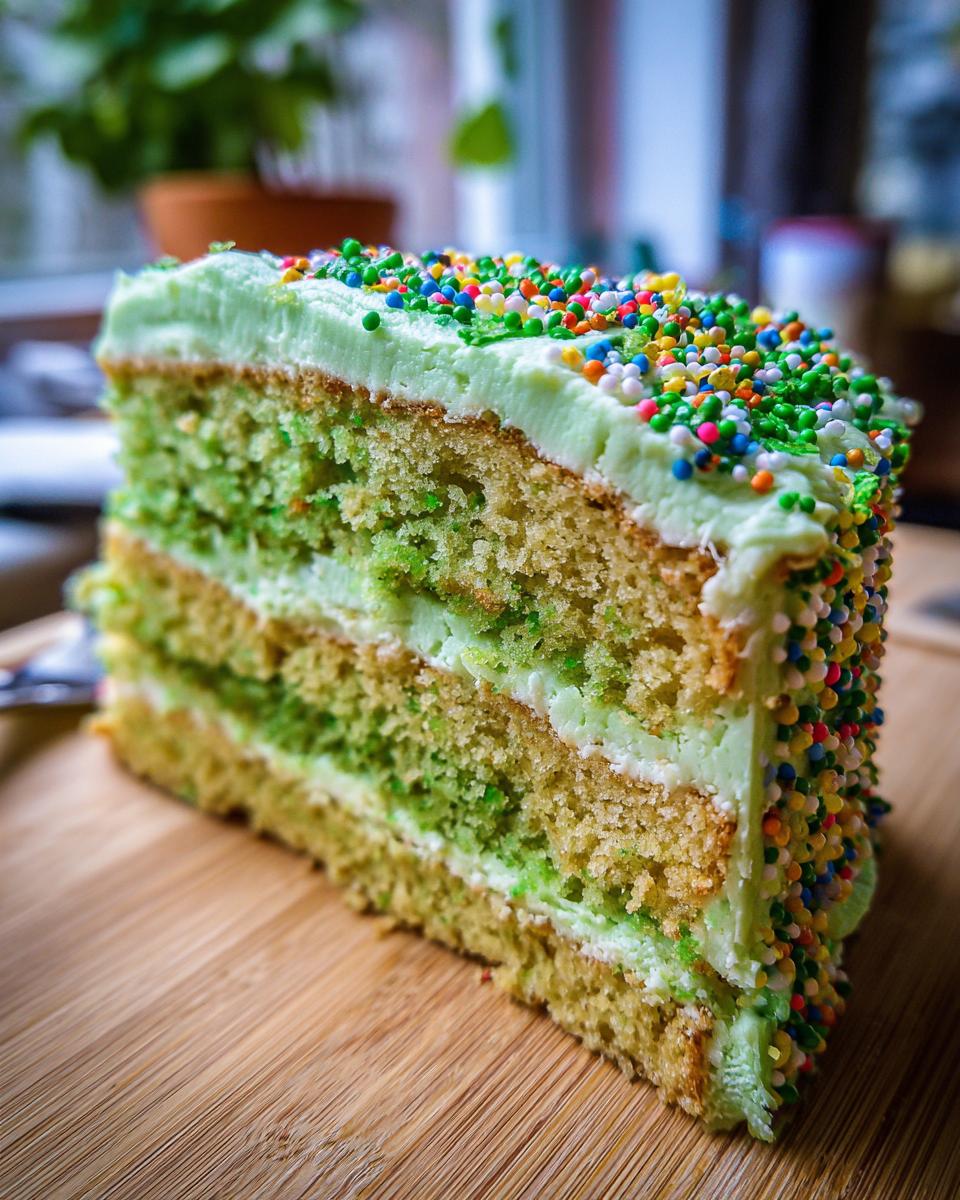 Close-up of a slice of Four-Leaf Clover Sugar Cookie Cake with green frosting and sprinkles.