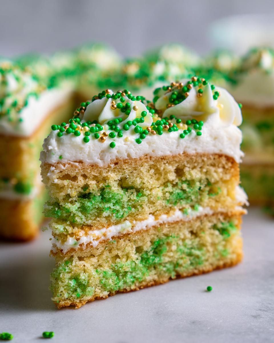 Close-up of a slice of Four-Leaf Clover Sugar Cookie Cake with green layers and frosting.