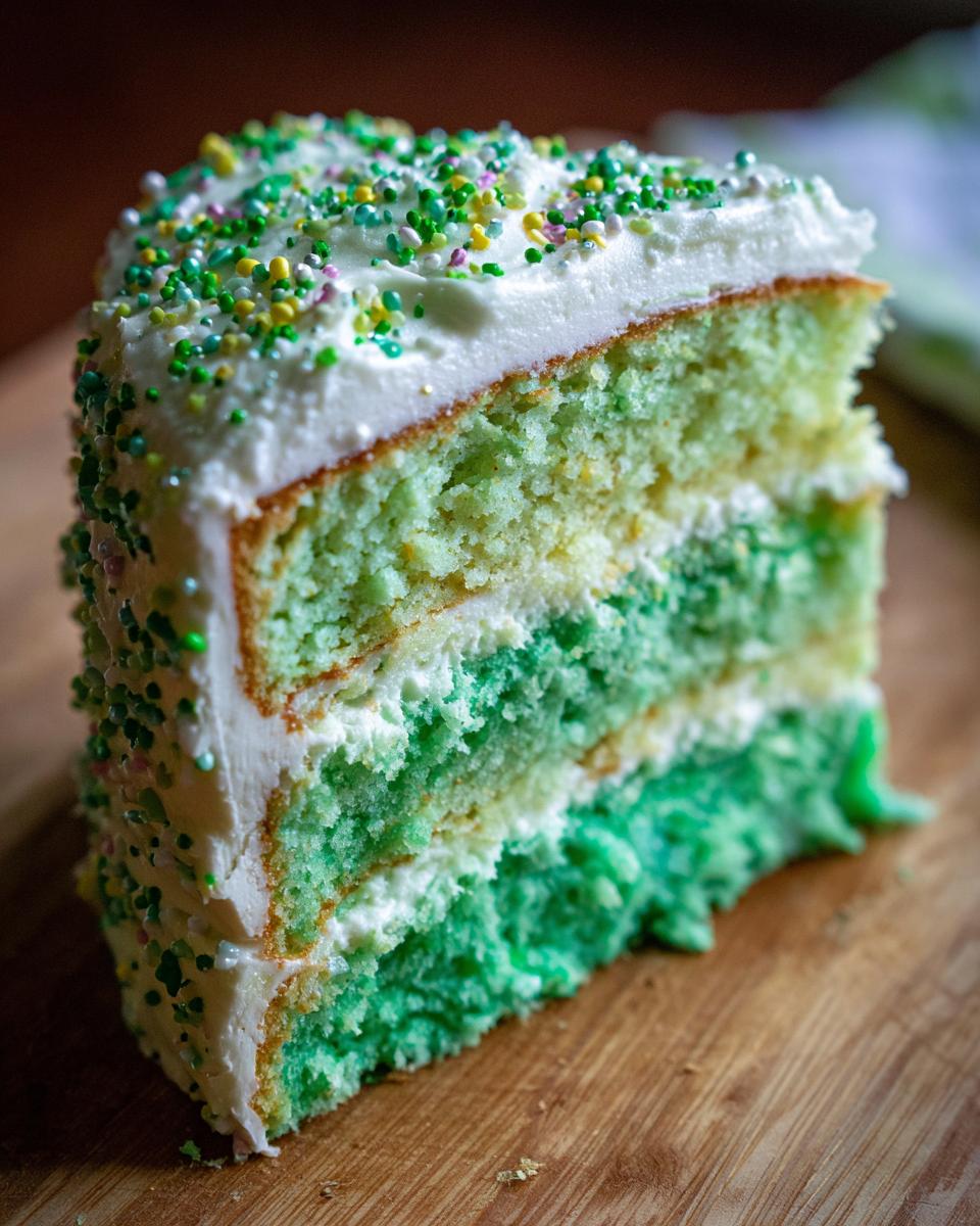 A slice of a layered Four-Leaf Clover Sugar Cookie Cake with green frosting and sprinkles.