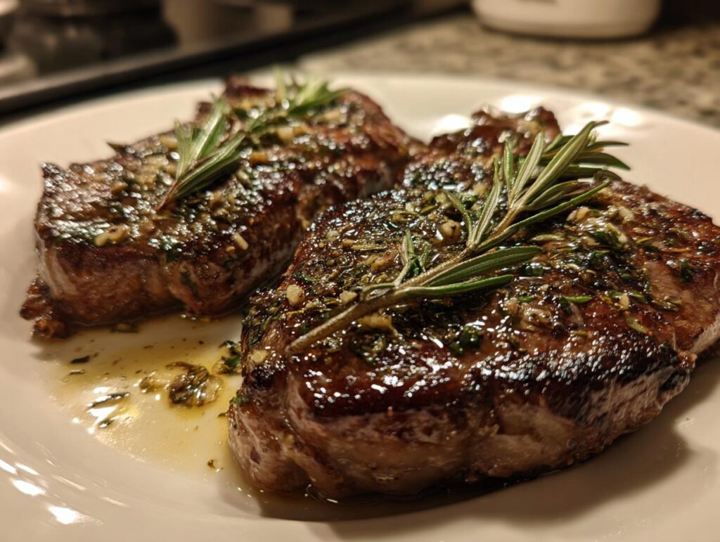 Close-up of two Garlic Butter Steaks for Two, garnished with rosemary sprigs, on a white plate.
