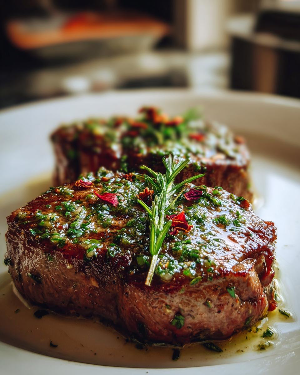 Close-up of Garlic Butter Steak for Two with Rose Petals, garnished with herbs and rose petals.
