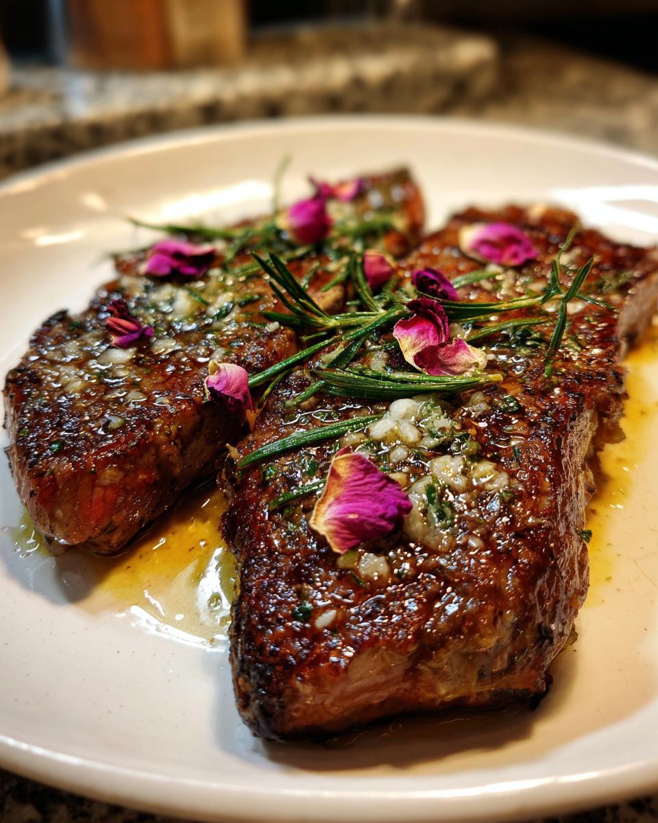 Close-up of Garlic Butter Steak for Two garnished with rose petals and rosemary.