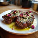 Close-up of Garlic Butter Steak for Two with Rose Petals, a romantic dish.