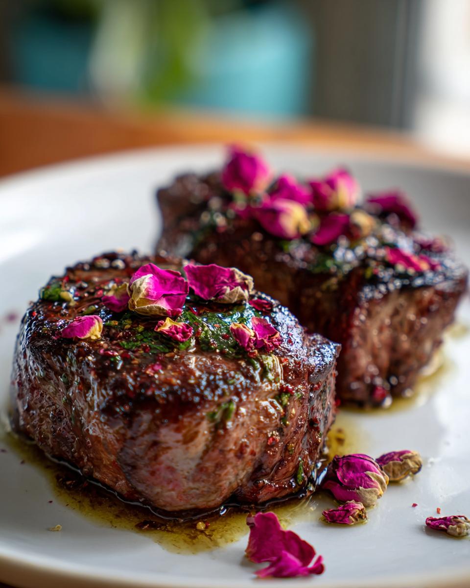 Close-up of Garlic Butter Steak for Two garnished with rose petals, served on a white plate.