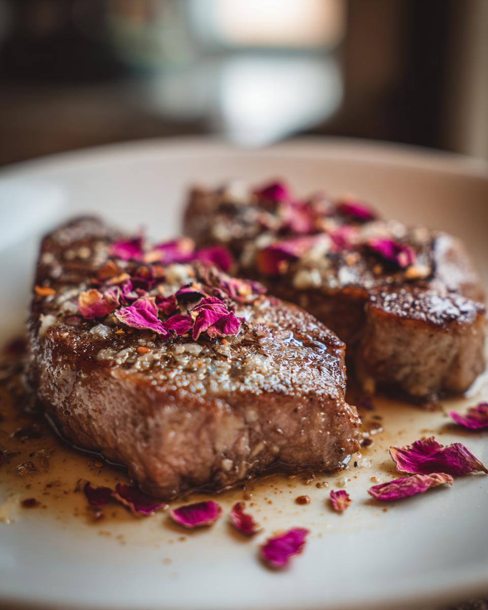 Close-up of Garlic Butter Steak for Two garnished with rose petals, on a white plate.