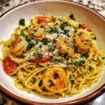 Close-up of Garlic Parmesan Shrimp Pasta for Two in a white bowl, garnished with parsley and parmesan cheese.