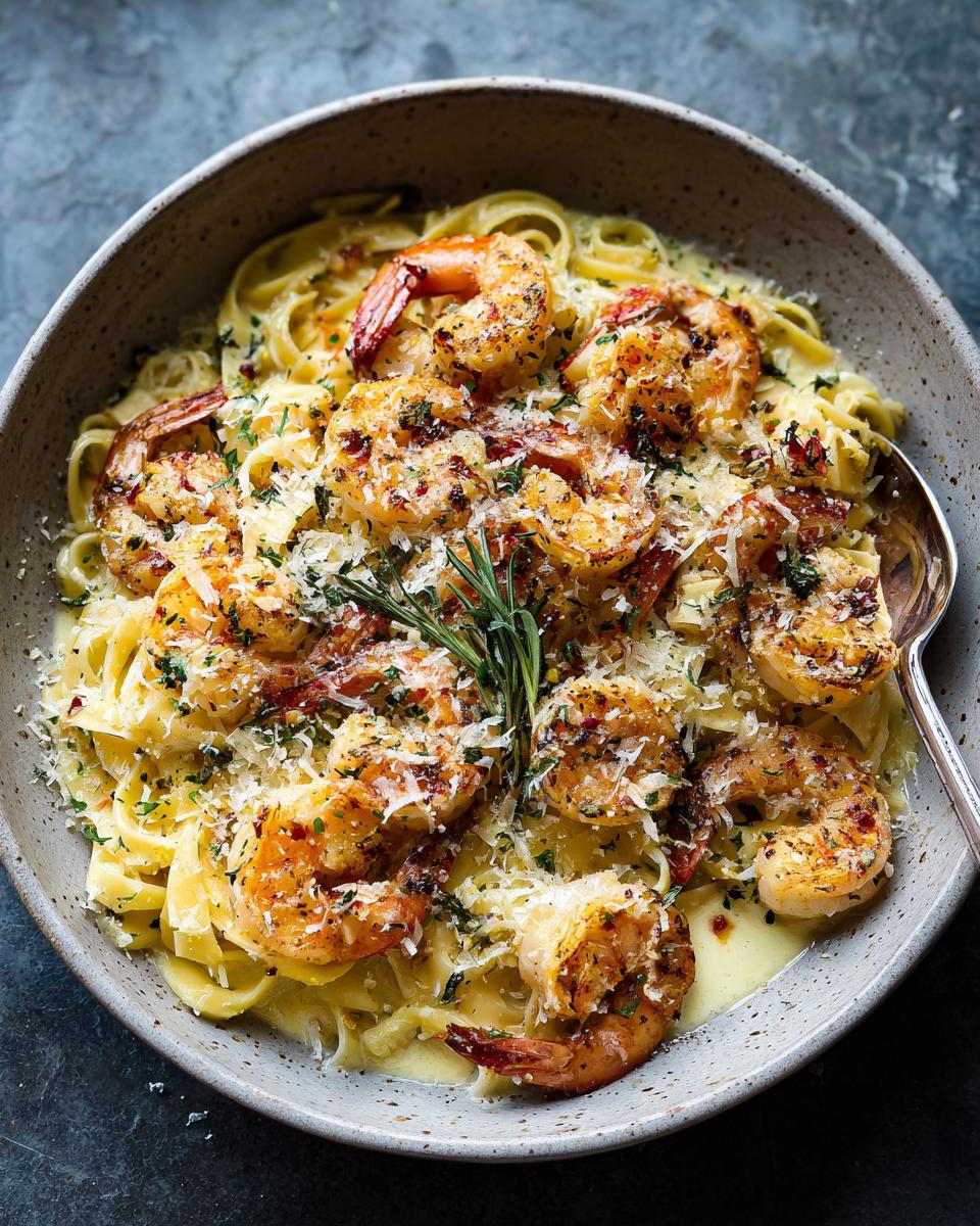 Close-up of Garlic Parmesan Shrimp Pasta for Two in a bowl, with shrimp, pasta, and parmesan cheese.