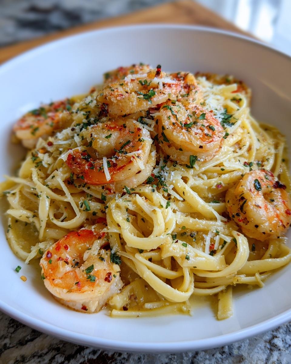 Close-up of Garlic Parmesan Shrimp Pasta for Two in a white bowl, garnished with parsley and parmesan cheese.