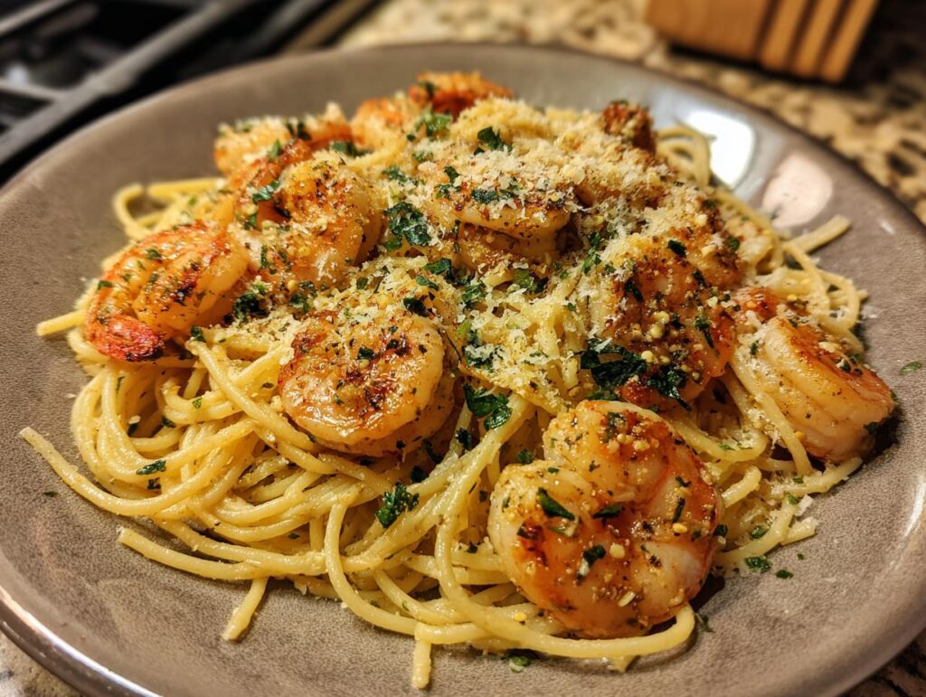 Close-up of Garlic Parmesan Shrimp Pasta for Two on a plate, garnished with parsley and cheese.
