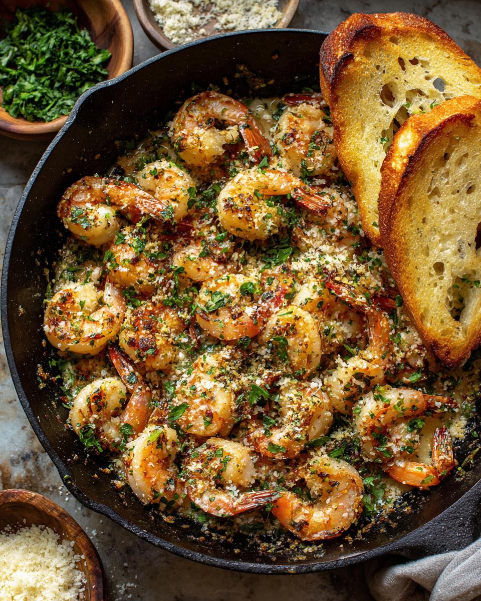 Overhead shot of Garlic Parmesan Shrimp Pasta for Two in a cast iron skillet with toasted bread.
