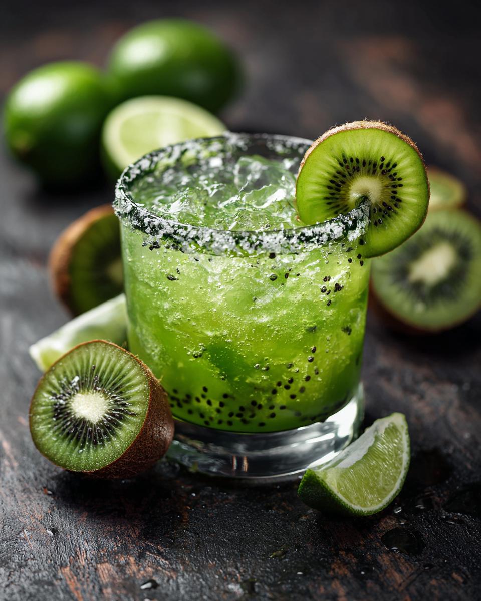 Close-up of a Green Margarita with Kiwi, garnished with a kiwi slice and lime.