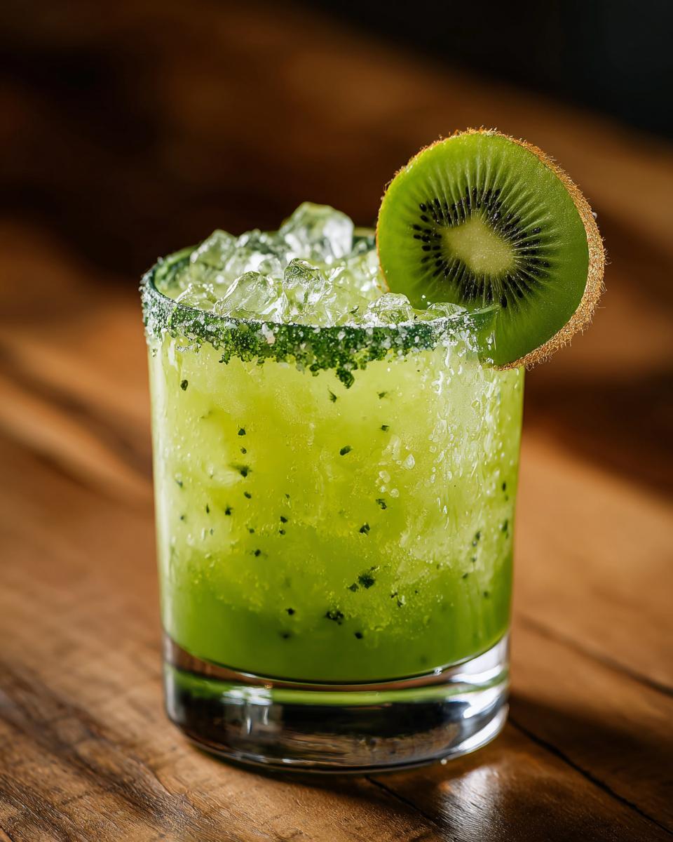 Close-up of a Green Margarita with Kiwi slice garnish, served in a glass with ice.