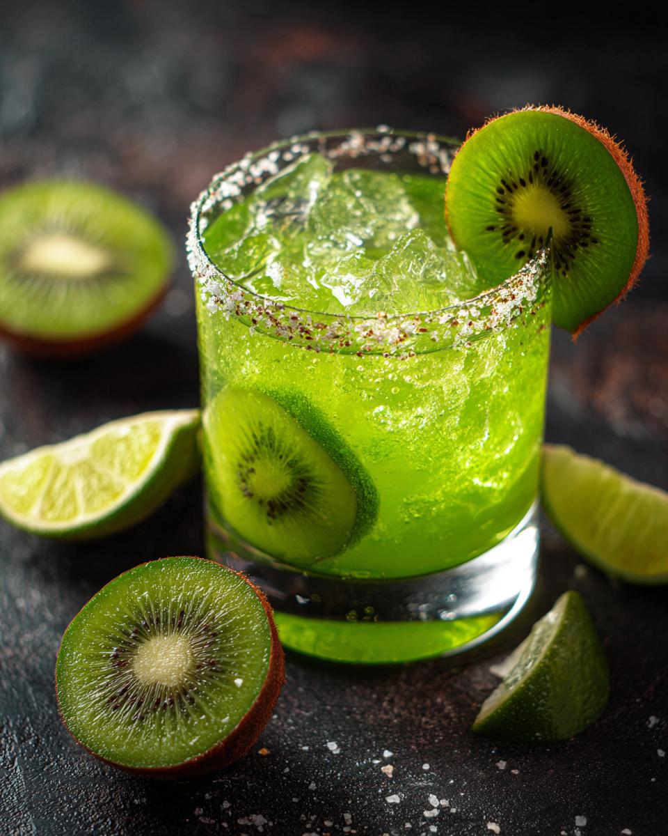 Close-up of a Green Margarita with Kiwi, garnished with kiwi slices and lime wedges.