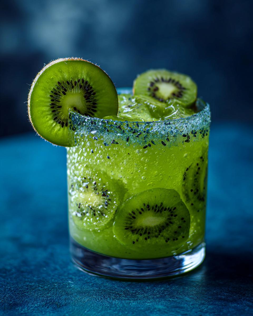 Close-up of a Green Margarita with Kiwi, garnished with kiwi slices, on a blue background. The drink is vibrant green.