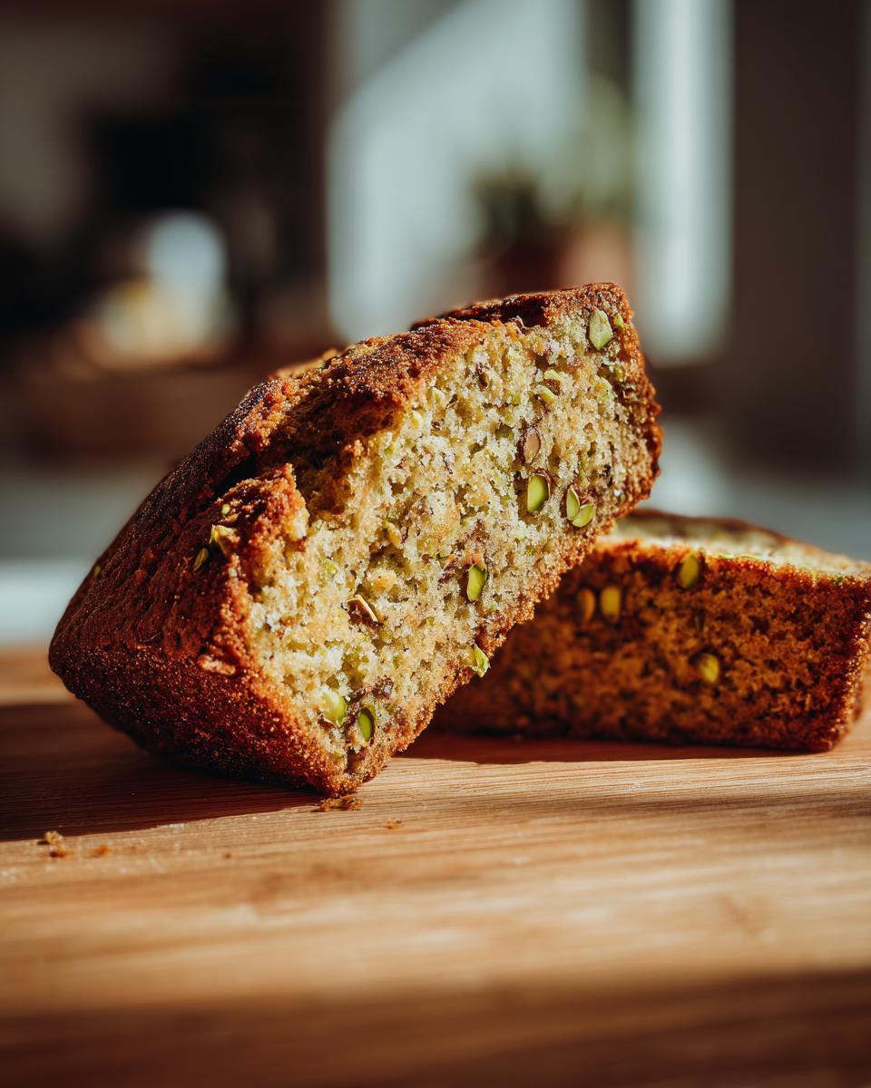Close-up of two slices of Green Pistachio Biscotti, showing pistachio nuts.