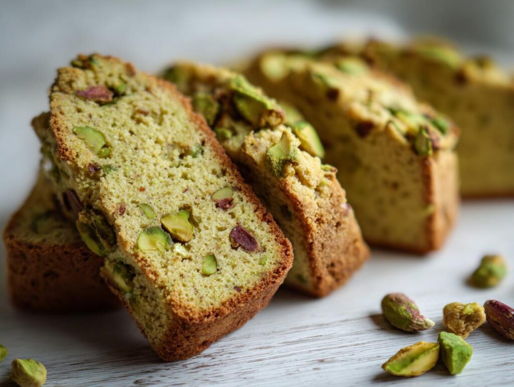 Close-up of sliced Green Pistachio Biscotti, showing the texture and pistachios.