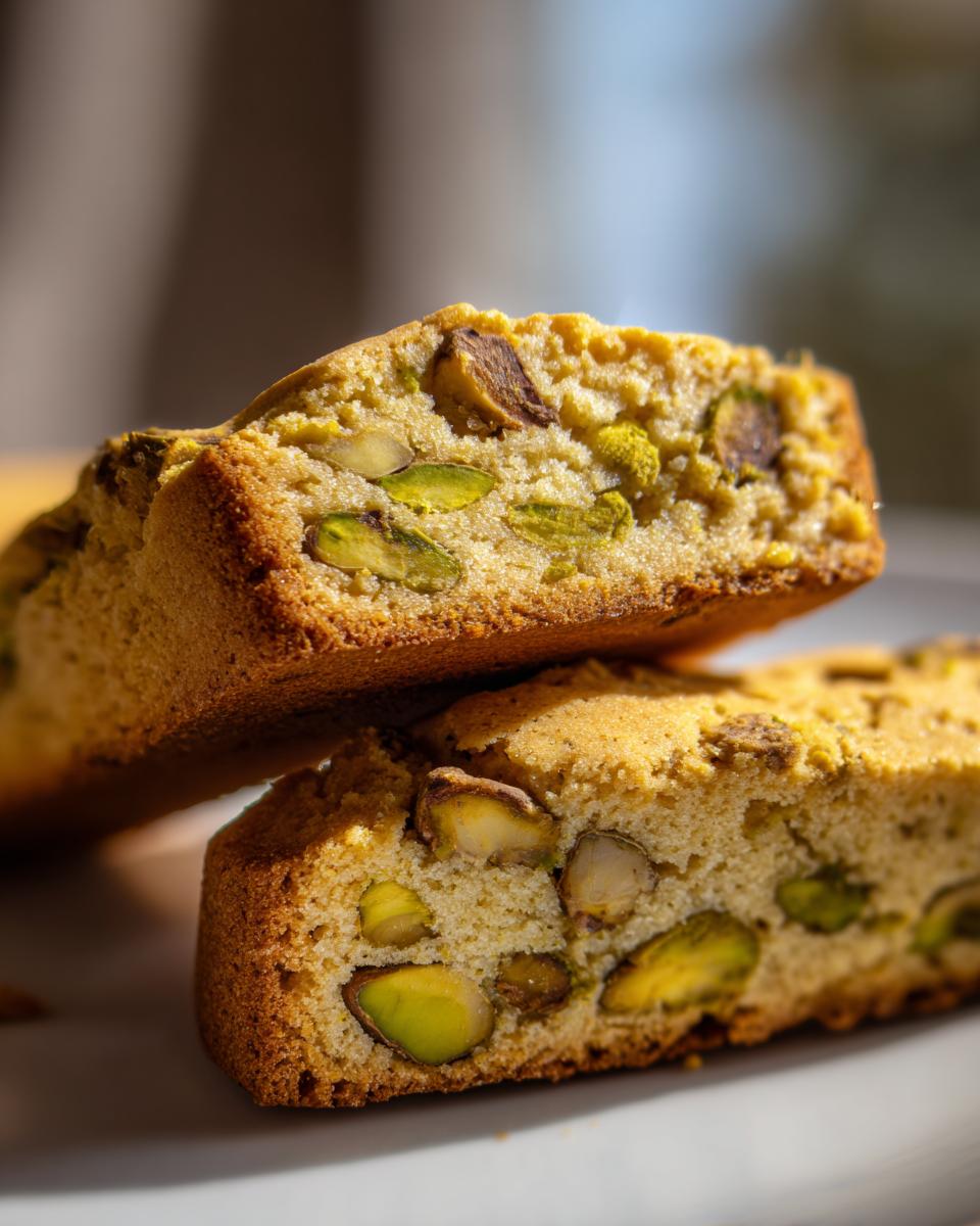 Close-up of two slices of Green Pistachio Biscotti, showing the pistachios.