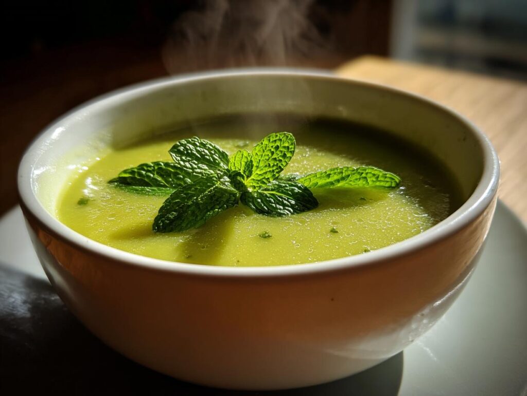Close-up of a bowl of Green Split Pea Soup with Mint, garnished with fresh mint leaves.