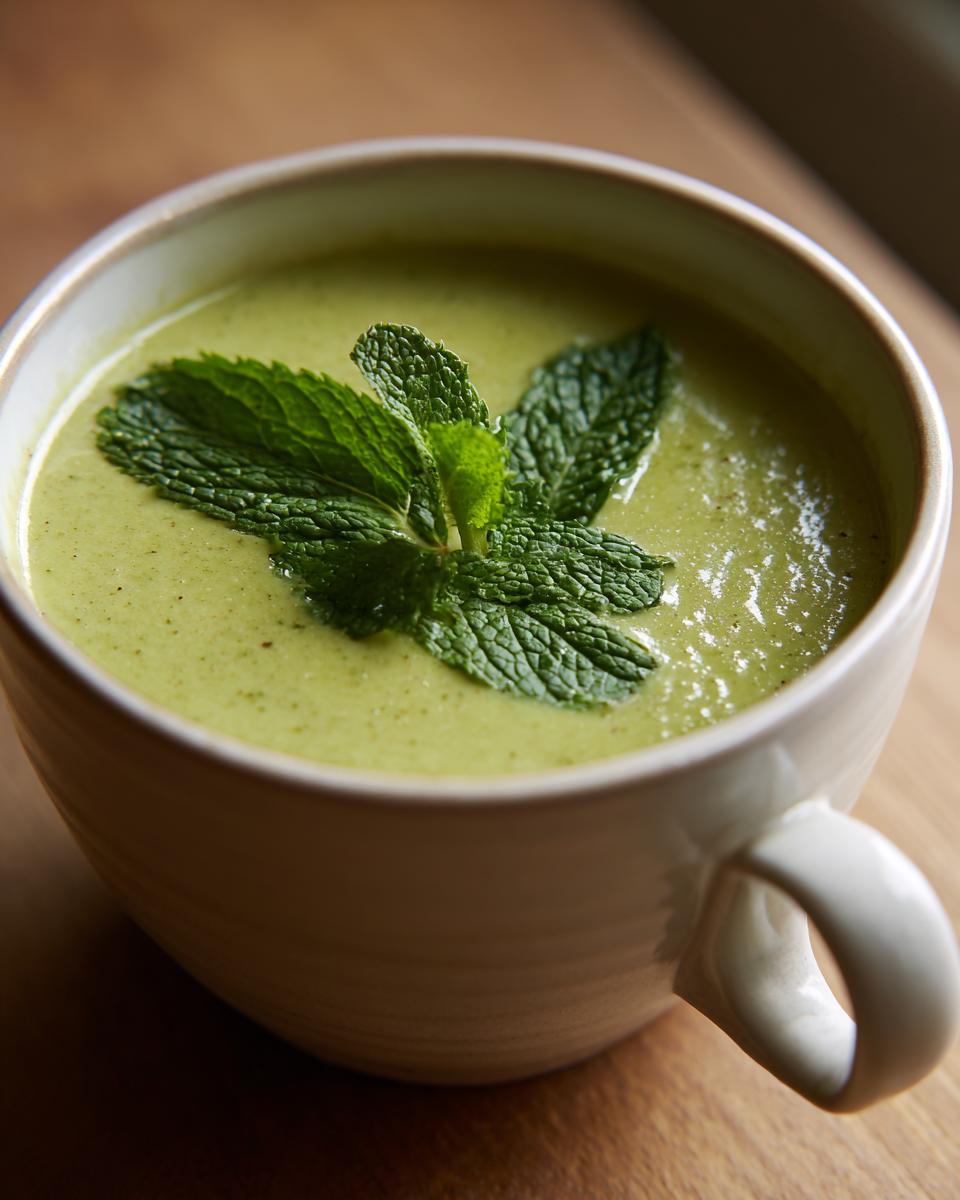 Close-up of Green Split Pea Soup with Mint, garnished with fresh mint leaves in a white bowl.