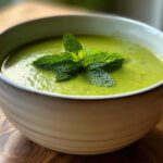 A bowl of creamy Green Split Pea Soup with Mint, garnished with fresh mint leaves.