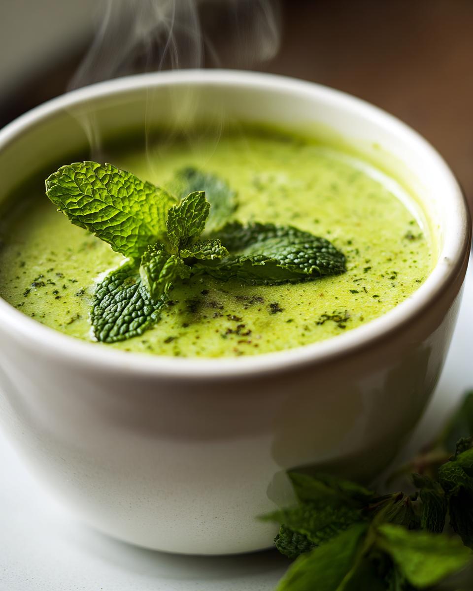 Close-up of a bowl of Green Split Pea Soup with Mint, garnished with fresh mint leaves.