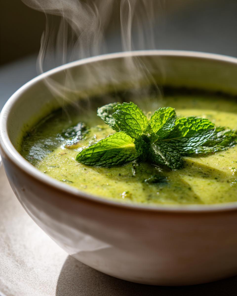 Close-up of a bowl of Green Split Pea Soup with Mint, garnished with fresh mint leaves.
