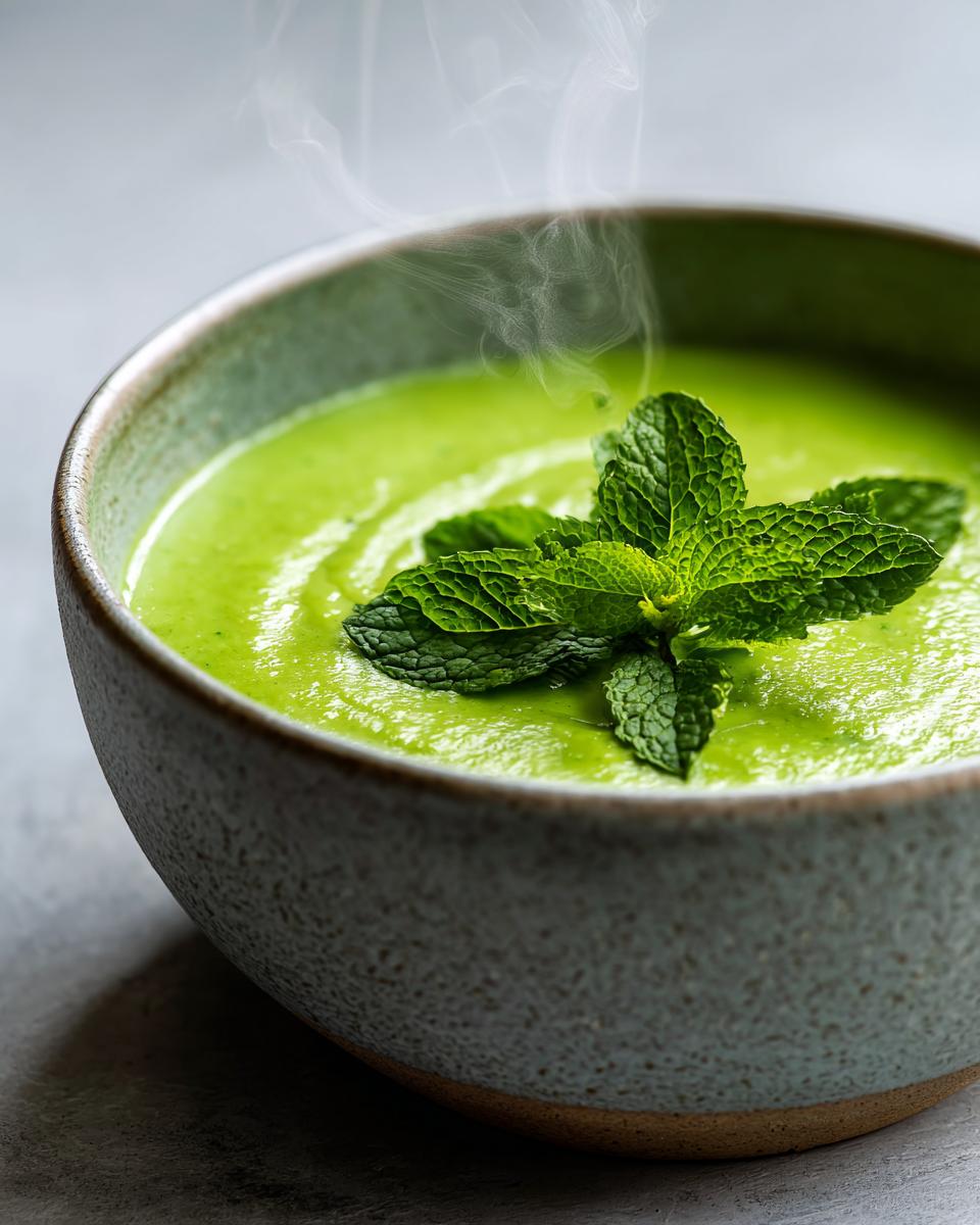 Close-up of a bowl of Green Split Pea Soup with Mint, garnished with fresh mint leaves.