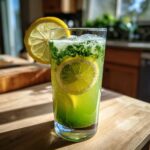 A tall glass of Green Tea and Honey Lemonade, garnished with lemon slices and herbs.