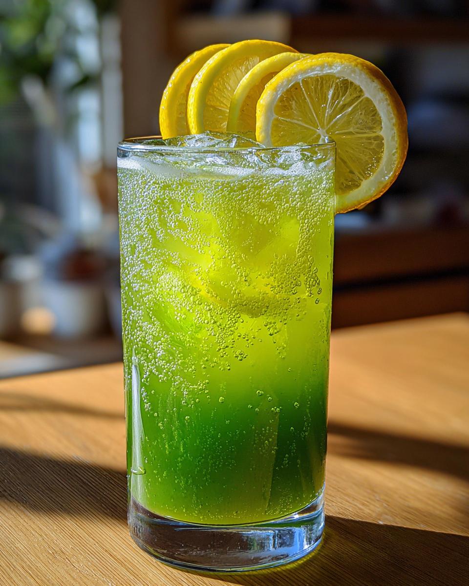 A tall glass of Green Tea and Honey Lemonade with lemon slices, a refreshing drink.
