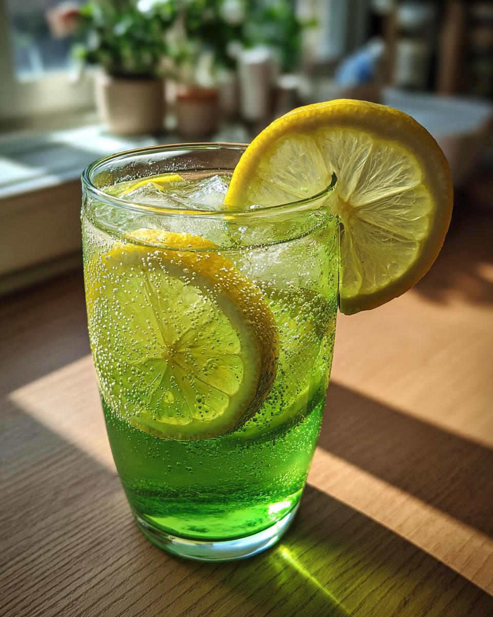 Glass of Green Tea and Honey Lemonade with lemon slices and ice.