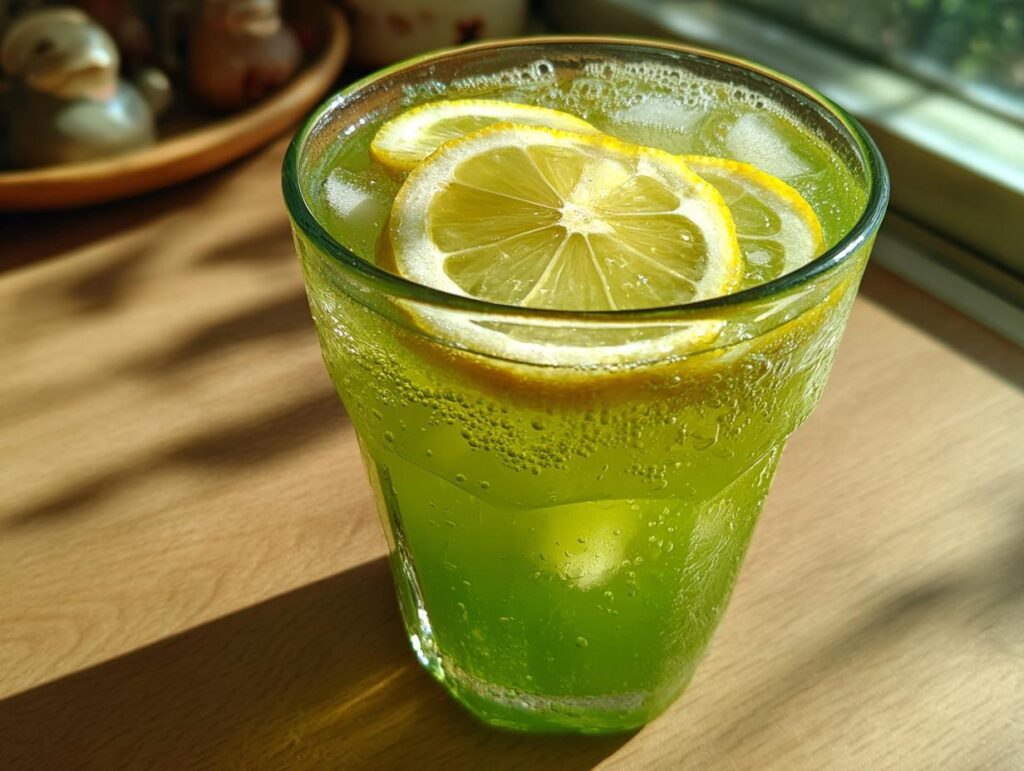 A glass of Green Tea and Honey Lemonade with lemon slices and ice.