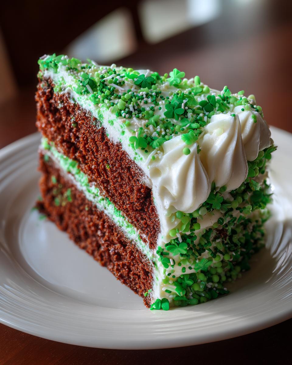 A slice of Green Velvet Cake with Shamrock Sprinkles on a white plate, decorated for St. Patrick's Day.