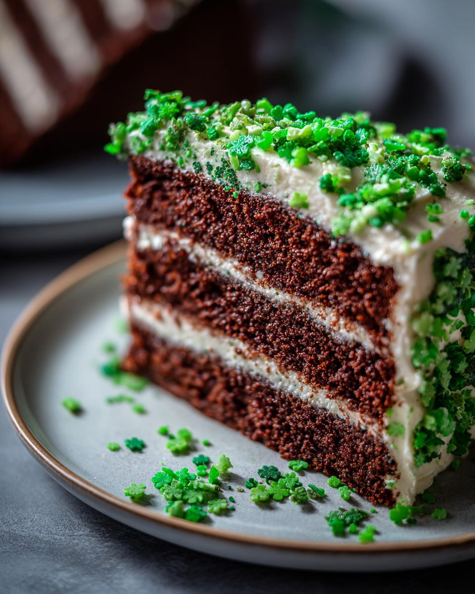 Close-up of a slice of Green Velvet Cake with Shamrock Sprinkles on a plate, showcasing layers.