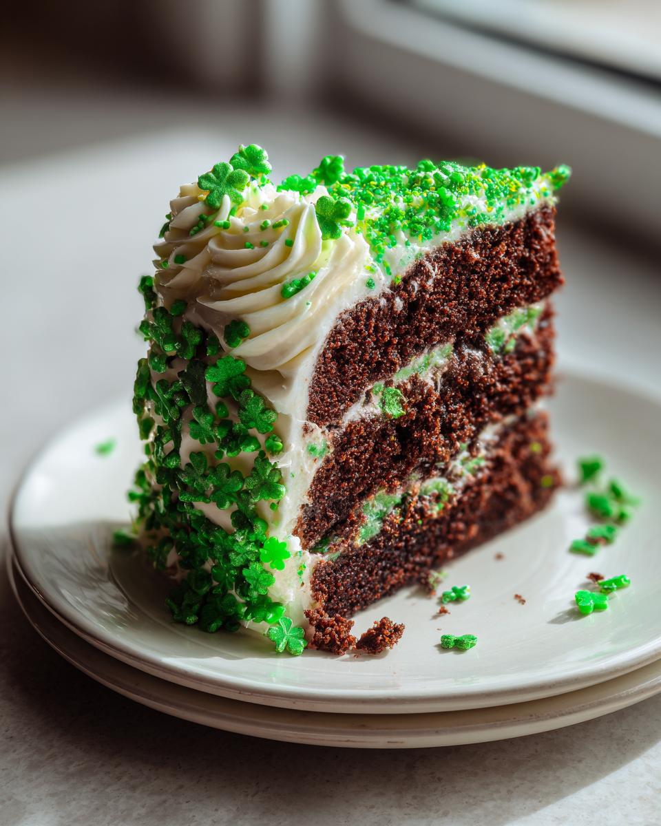 A slice of Green Velvet Cake with Shamrock Sprinkles on a white plate.