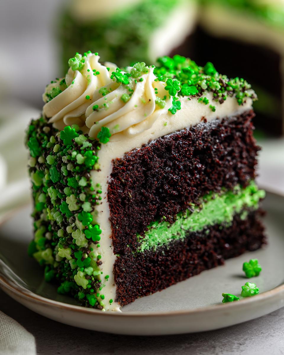 Close-up of a slice of Green Velvet Cake with Shamrock Sprinkles, perfect for St. Patrick's Day.