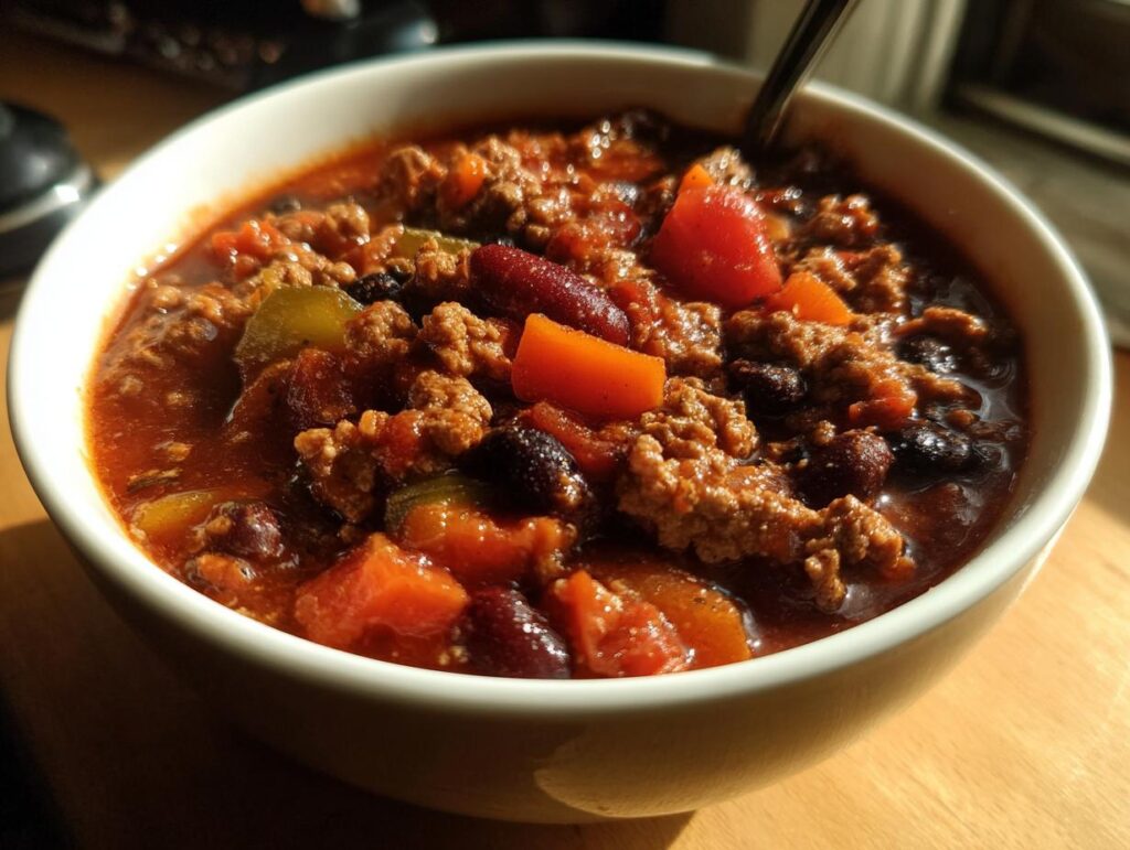 Close-up of a bowl of Guinness Beer Chili with ground meat, beans, and vegetables.