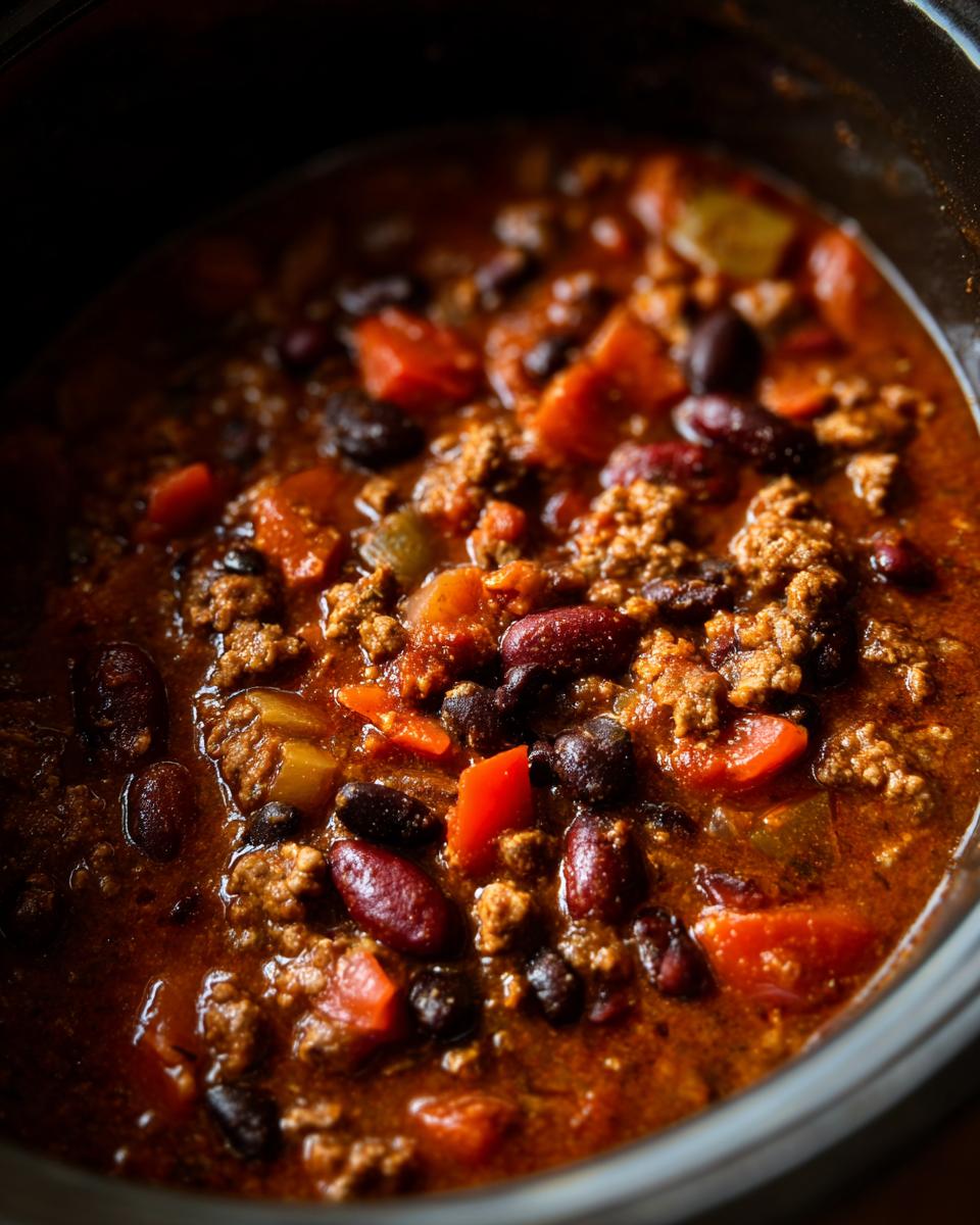 Close-up of a pot of delicious Guinness Beer Chili with beans, meat, and vegetables.