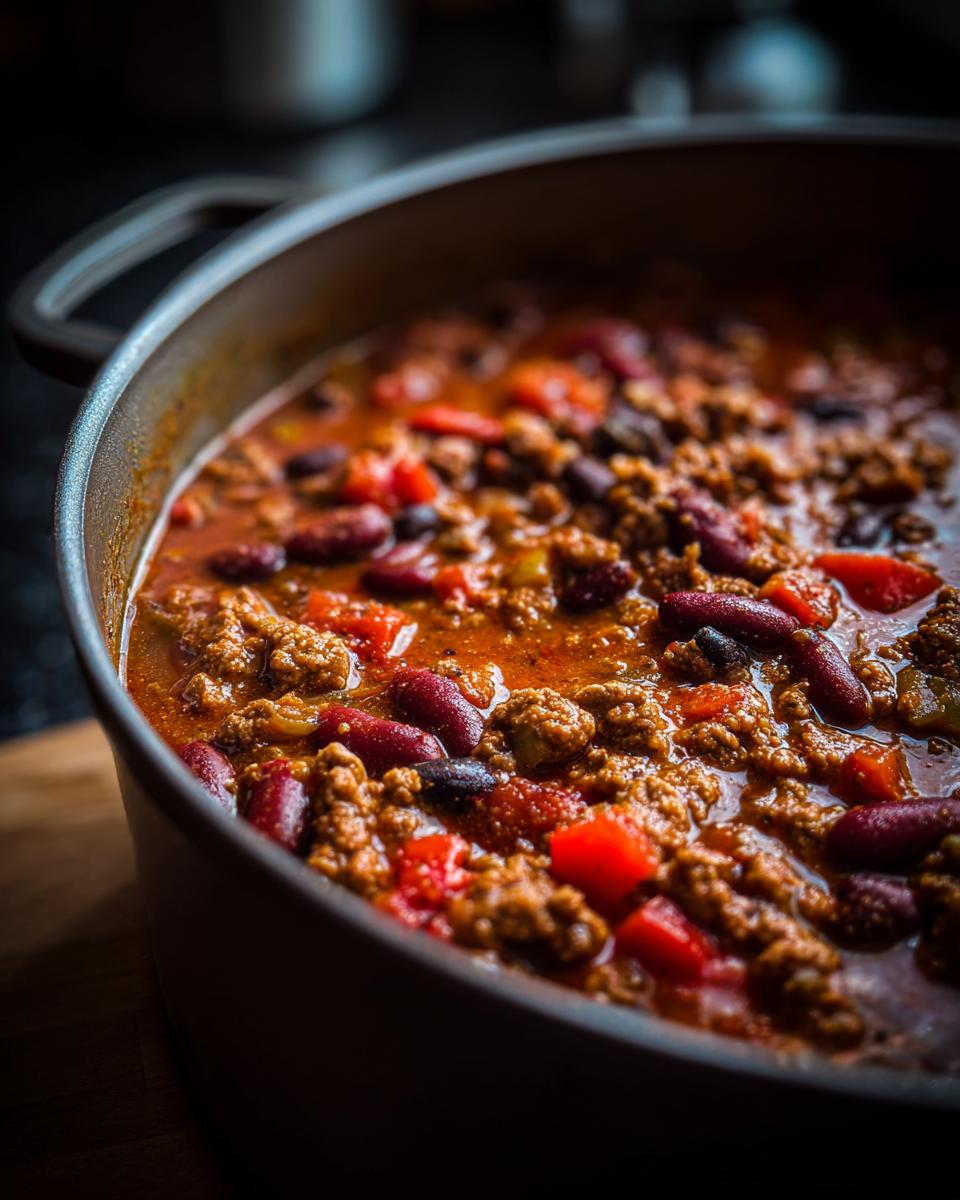 Close-up of a pot of delicious Guinness Beer Chili with beans, meat, and vegetables.