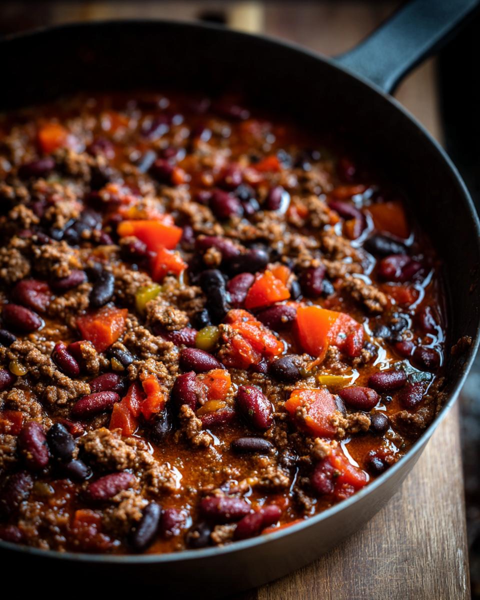 Close-up of a skillet filled with delicious Guinness Beer Chili, showing beans, meat, and vegetables.