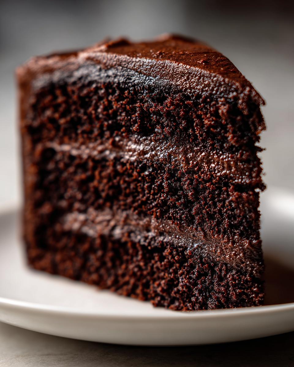 Close-up of a slice of Guinness Chocolate Layer Cake on a white plate, showing the moist layers and frosting.