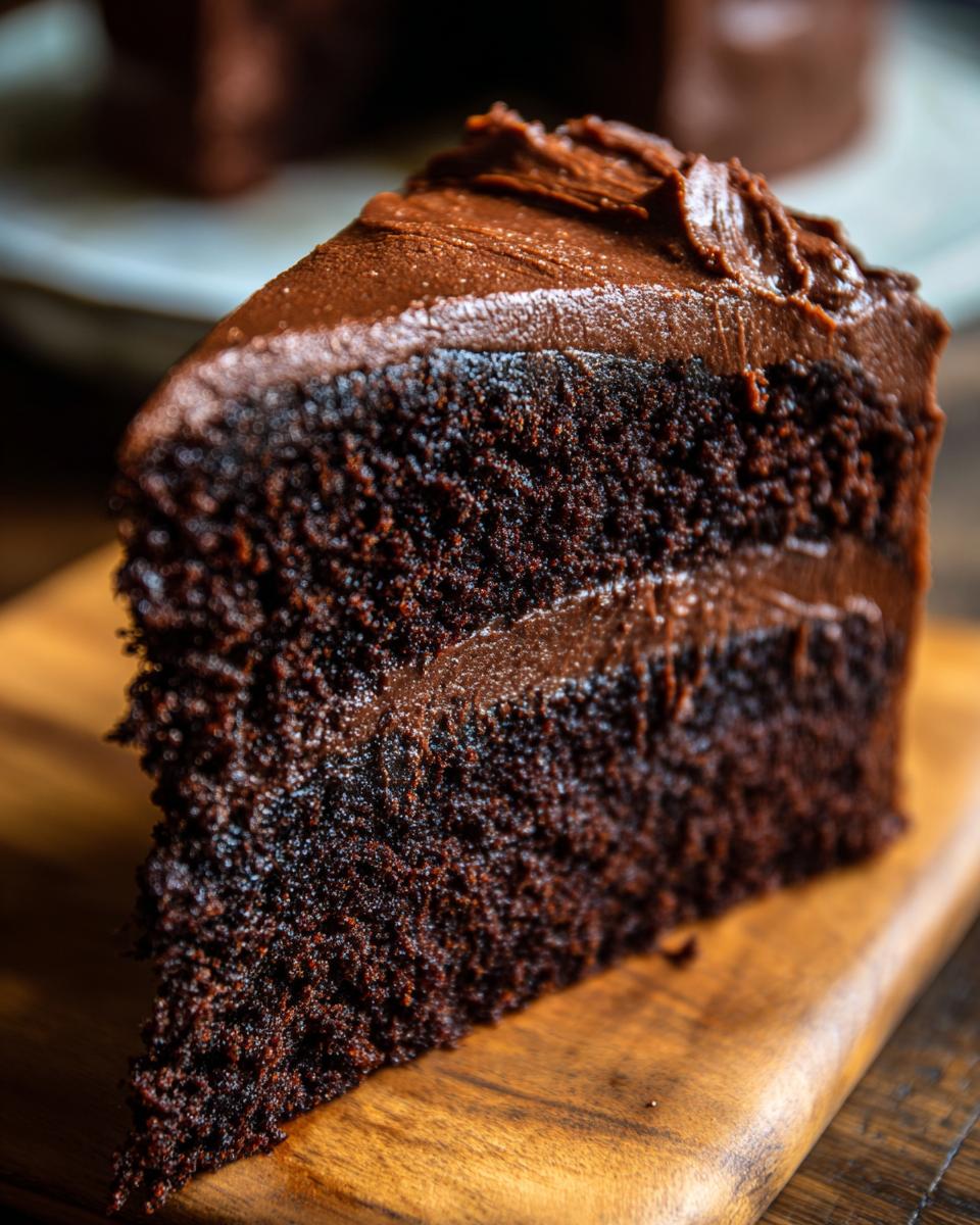 Close-up of a slice of Guinness Chocolate Layer Cake on a wooden board, with chocolate frosting.
