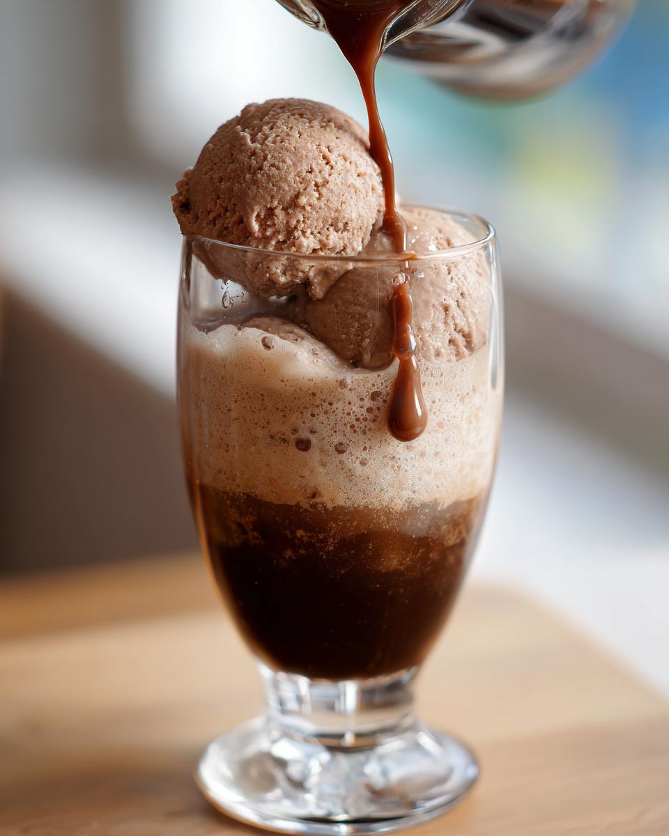 Pouring stout over chocolate ice cream in a Guinness Chocolate Stout Float.