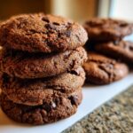 Close-up of a stack of freshly baked Guinness Molasses Cookies, with chocolate chips.