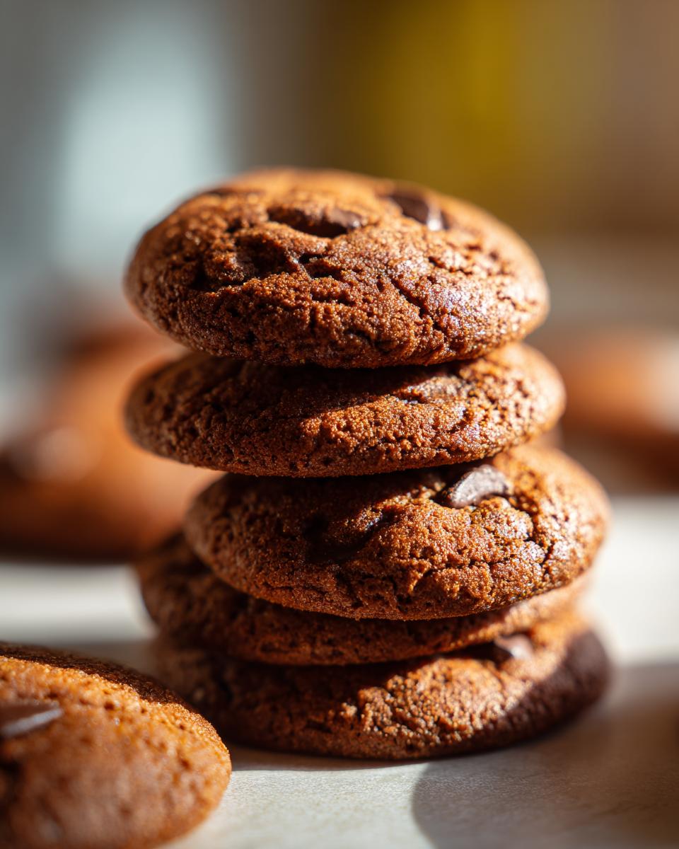 Close-up of a stack of freshly baked Guinness Molasses Cookies with chocolate chips.