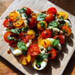 Heart-shaped Caprese Salad made with tomatoes, mozzarella, basil, and balsamic glaze. The Heart‑Shaped Caprese Salad is on a wooden board.